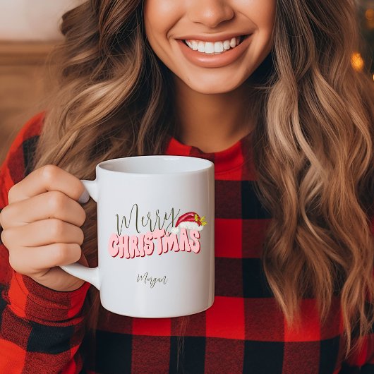 Merry Christmas Festive Retro Pink Red Add Name Kaffeetasse