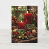 Merry Christmas Fireplace Red Candles Pine Cones Karte (Vorderseite)