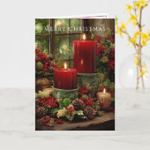 Merry Christmas Fireplace Red Candles Pine Cones Karte (Gelbe Blume)