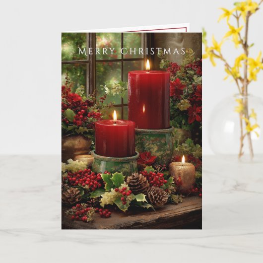 Merry Christmas Fireplace Red Candles Pine Cones Karte (Gelbe Blume)