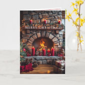 Merry Christmas Fireplace Red Candles Pine Cones Karte (Gelbe Blume)