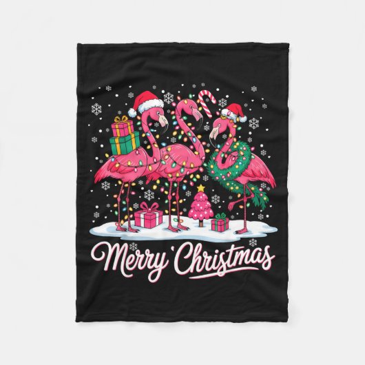 Merry Christmas Flamingo Lights Santa Hat Snow Xma Fleecedecke (Vorderseite)