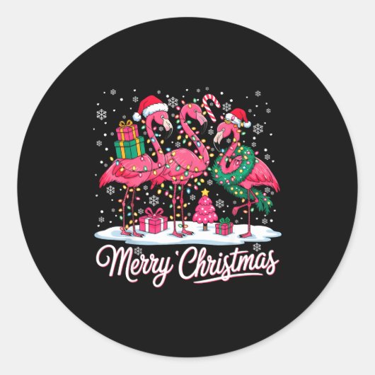 Merry Christmas Flamingo Lights Santa Hat Snow Xma Runder Aufkleber (Vorderseite)
