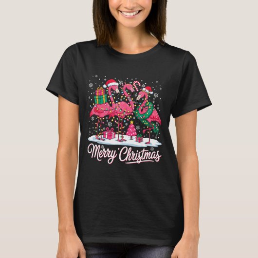 Merry Christmas Flamingo Lights Santa Hat Snow Xma T-Shirt (Vorderseite)