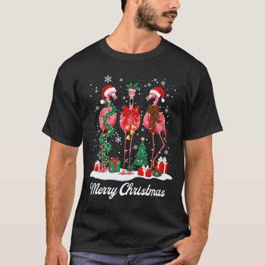 Merry Christmas Flamingo Santa Hat Christmas Light T-Shirt (Vorderseite)