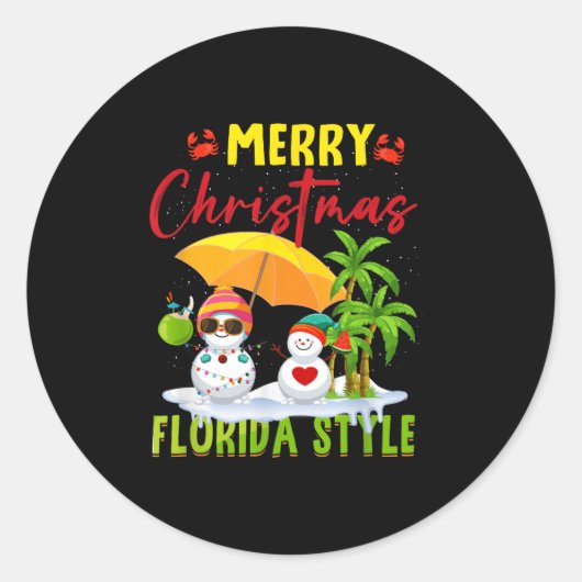 Merry Christmas Florida Style Snowman Summer Vacat Runder Aufkleber (Vorderseite)