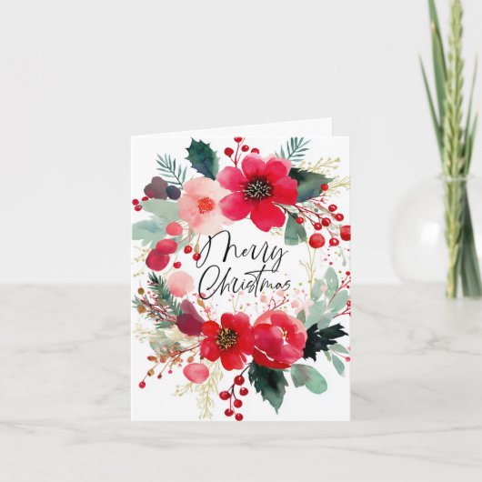 Merry Christmas Flower Wreath Holiday Feiertagskarte (Vorderseite)