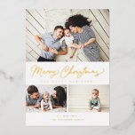 Merry Christmas Foil Script 3 Collage Multi-Foto Folien Feiertagskarte<br><div class="desc">Modernes Pinselskript mit 3 Fotos. Kommt auch mit einem Foto auf der Rückseite.</div>