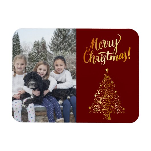 Merry Christmas Foto Gold Tree Magnet (Horizontal)