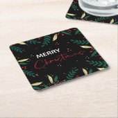 Merry Christmas Foto von Black Red Gold Greenery Rechteckiger Pappuntersetzer (angewinkelt)
