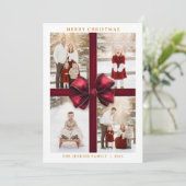Merry Christmas Four Photo Card with Red Ribbon Einladung (Stehend Vorderseite)