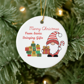 Merry Christmas From Santa Bringing Gifts on a Keramik Ornament