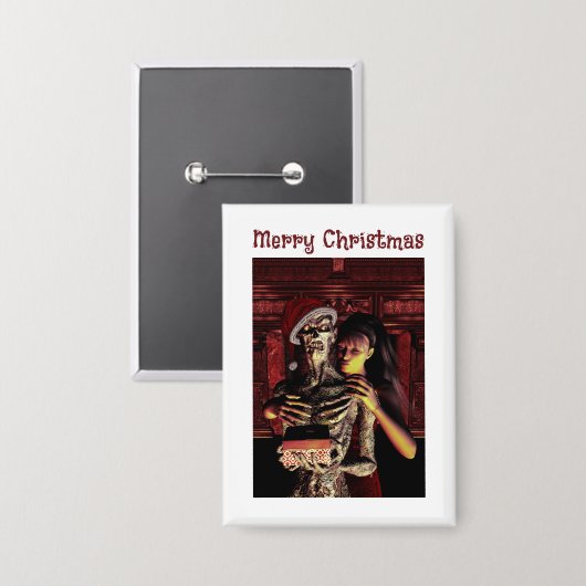 Merry Christmas. Funny skeleton with woman Button (Vorderseite/Rückseite)