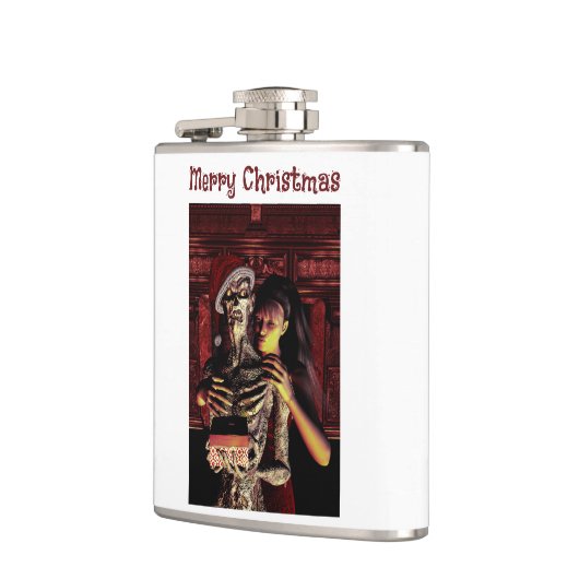 Merry Christmas. Funny skeleton with woman Flachmann (Links)