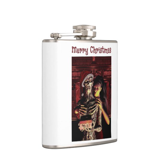 Merry Christmas. Funny skeleton with woman Flachmann (Rechts)