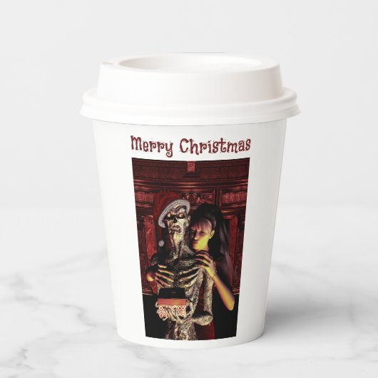 Merry Christmas. Funny skeleton with woman Pappbecher (Rückseite)
