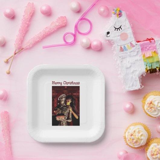 Merry Christmas. Funny skeleton with woman Pappteller (Party)