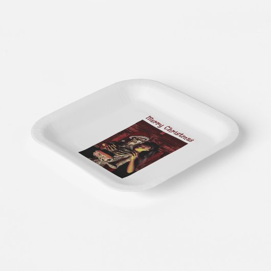 Merry Christmas. Funny skeleton with woman Pappteller (Gewinkelt)