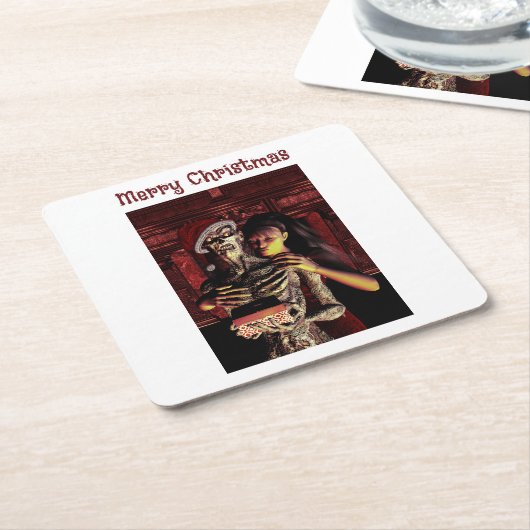 Merry Christmas. Funny skeleton with woman Rechteckiger Pappuntersetzer (angewinkelt)