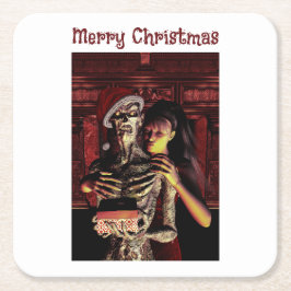 Merry Christmas. Funny skeleton with woman Rechteckiger Pappuntersetzer
