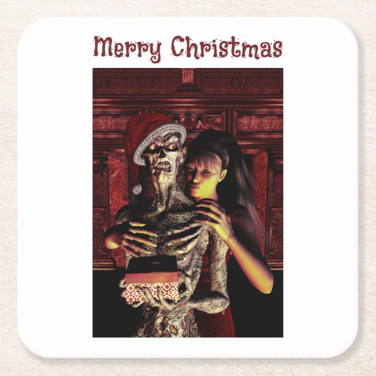 Merry Christmas. Funny skeleton with woman Rechteckiger Pappuntersetzer (Vorderseite)