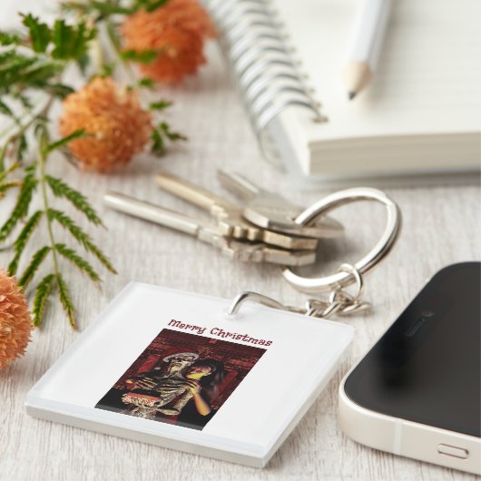 Merry Christmas. Funny skeleton with woman Schlüsselanhänger (Vorderseite rechts)