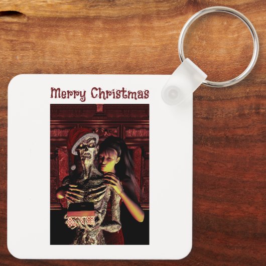 Merry Christmas. Funny skeleton with woman Schlüsselanhänger (Rückseite)