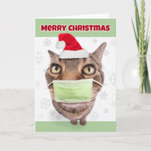 Merry Christmas Funny Tabby Cat in Face Mask Feiertagskarte