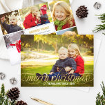 Merry Christmas Gold Script Overlay Photo Collage Feiertagskarte<br><div class="desc">Simply chic holiday multi-photo greeting card features "Merry Christmas" in a modern beautiful gold colored script with scrolling detail in white and photo collage template with six (6) additional photos on the back.</div>