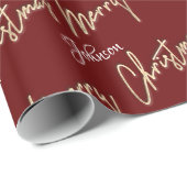 Merry Christmas Golden Script Name Custom Burgundy Geschenkpapier (Rolleneckpunkt)