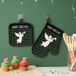 Merry Christmas Green & Black Buffalo Plaid Angel Ofenhandschuh & Topflappen-Set