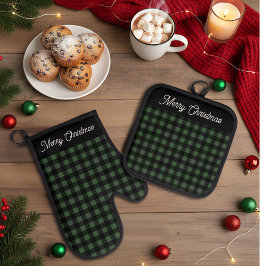 Merry Christmas Green & Black Buffalo Plaid Ofenhandschuh & Topflappen-Set