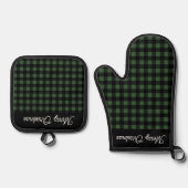 Merry Christmas Green & Black Buffalo Plaid Ofenhandschuh & Topflappen-Set (Vorderseite)