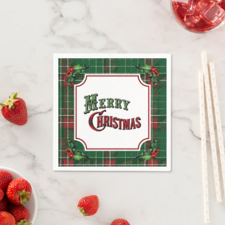 Merry Christmas Green Plaid with Holly Serviette