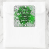 Merry Christmas Green White snowflakes green gems Quadratischer Aufkleber (Tasche)