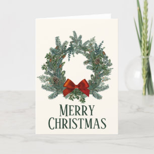 Merry Christmas Green Wreath Red Bow Holiday Card Feiertagskarte