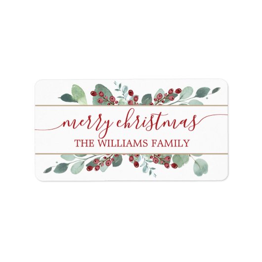 Merry Christmas Greenery CranBerries Gold Label Adressaufkleber (Vorne)