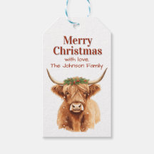 Merry Christmas Greenery Highland Miniature Cow