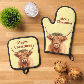 Merry Christmas Greenery Highland Miniature Cow Ofenhandschuh & Topflappen-Set