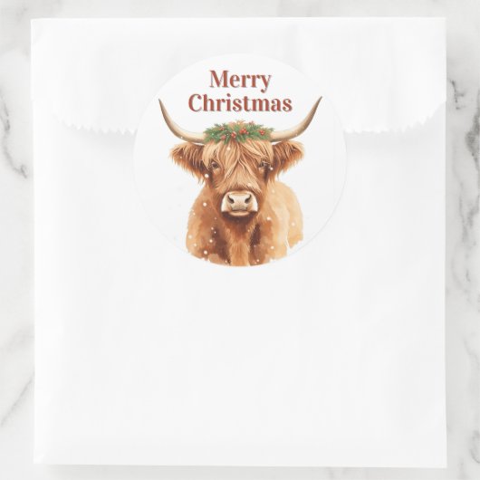 Merry Christmas Greenery Highland Miniature Cow Runder Aufkleber (Tasche)