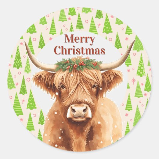 Merry Christmas Greenery Highland Miniature Cow Runder Aufkleber (Vorderseite)