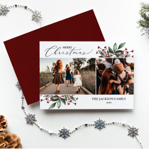 Merry Christmas Greenery Red Photo Holiday Card Einladung