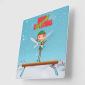 Merry Christmas Gymnast Elf Quadratische Wanduhr (Winkel)