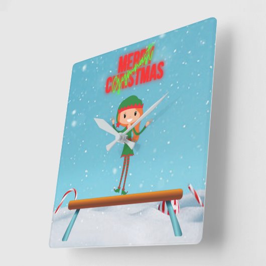 Merry Christmas Gymnast Elf Quadratische Wanduhr (Winkel)