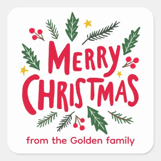 MERRY CHRISTMAS HandDrawn Holiday Whimsical CUSTOM Quadratischer Aufkleber (Vorderseite)