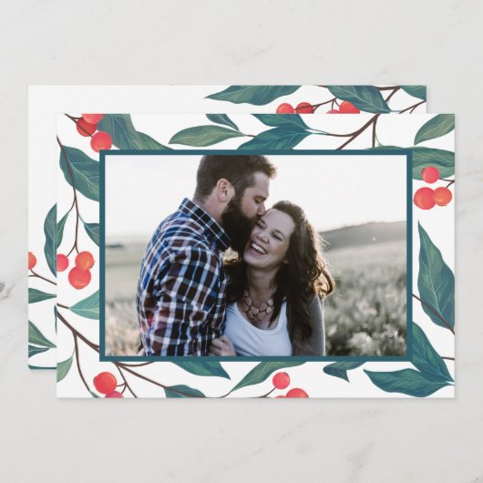 MERRY CHRISTMAS | Happy Holidays Watercolor Holly Einladung (Vorne/Hinten)