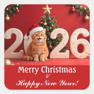 Merry Christmas & Happy New Year, Red Santa Cat Quadratischer Aufkleber