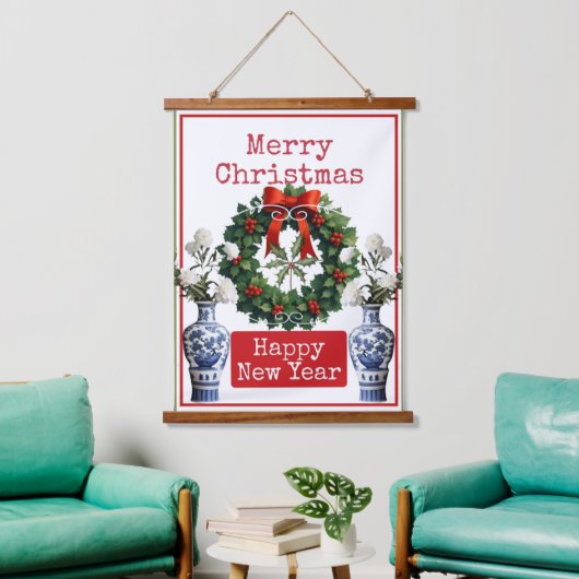 MERRY CHRISTMAS HAPPY NEW YEAR WANDTEPPICH MIT HOLZRAHMEN (Wohnzimmer)