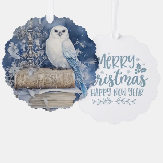 Merry Christmas Happy New Year White Owl Ornament Karte (Vorderseite/Rückseite)