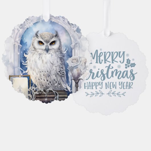 Merry Christmas Happy New Year White Owl Ornament Karte (Vorderseite/Rückseite)